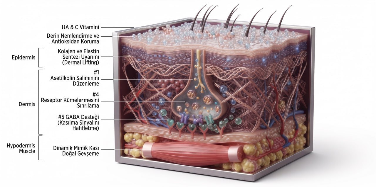 Cilt katmanları kesiti: epidermis, dermis ve hipodermis; Facebotolift Peptide mekanizma basamakları